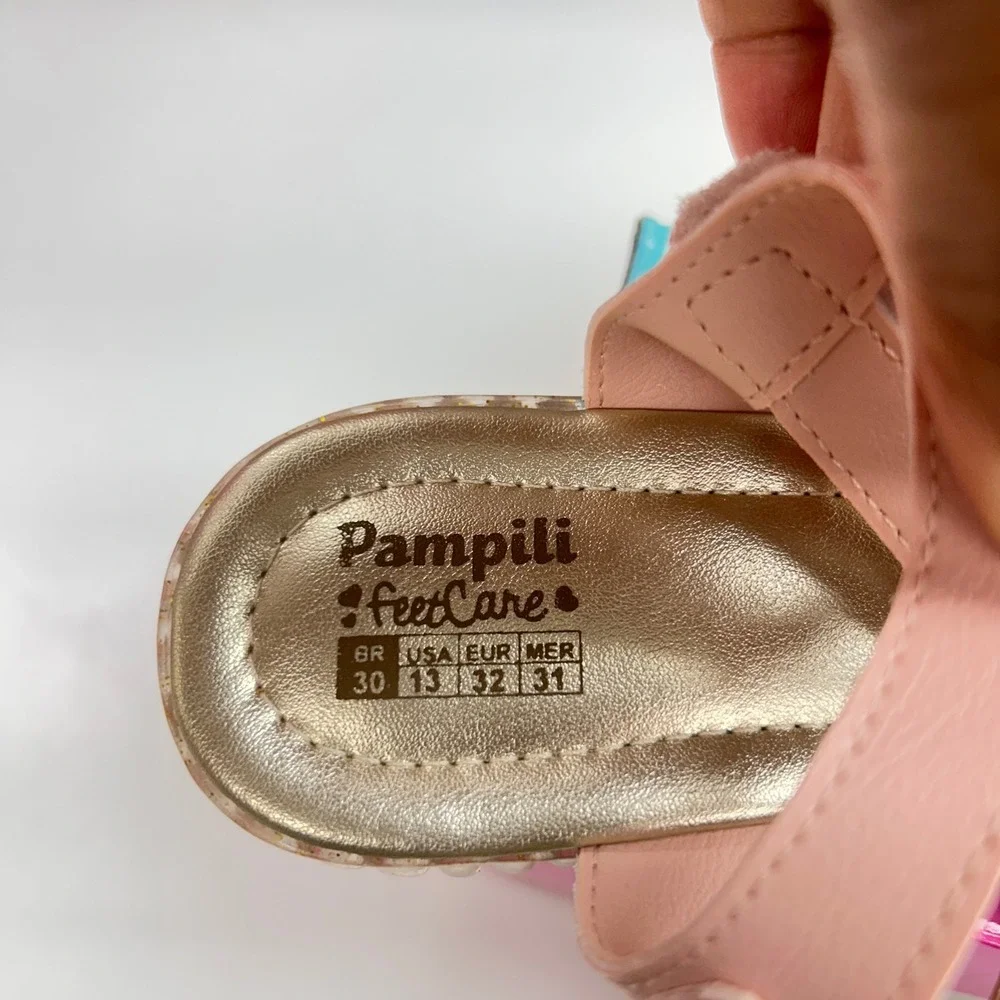Pampili FeetCare Pink Iridescent Heart Sandals Glitter Sole Kids Size 13 US
